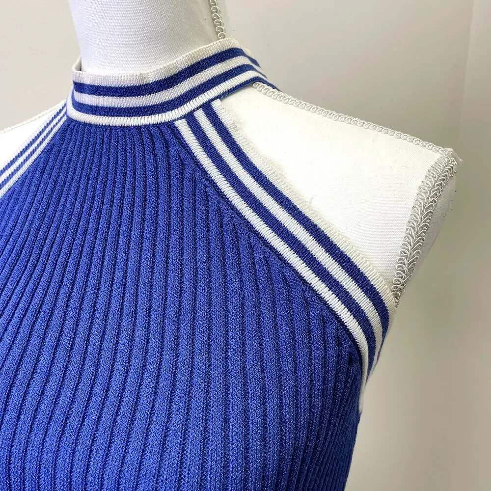 St John Sport by Marie Gray Blue Ribbed Knit Halter Tank Top S Striped - Picture 2 of 16